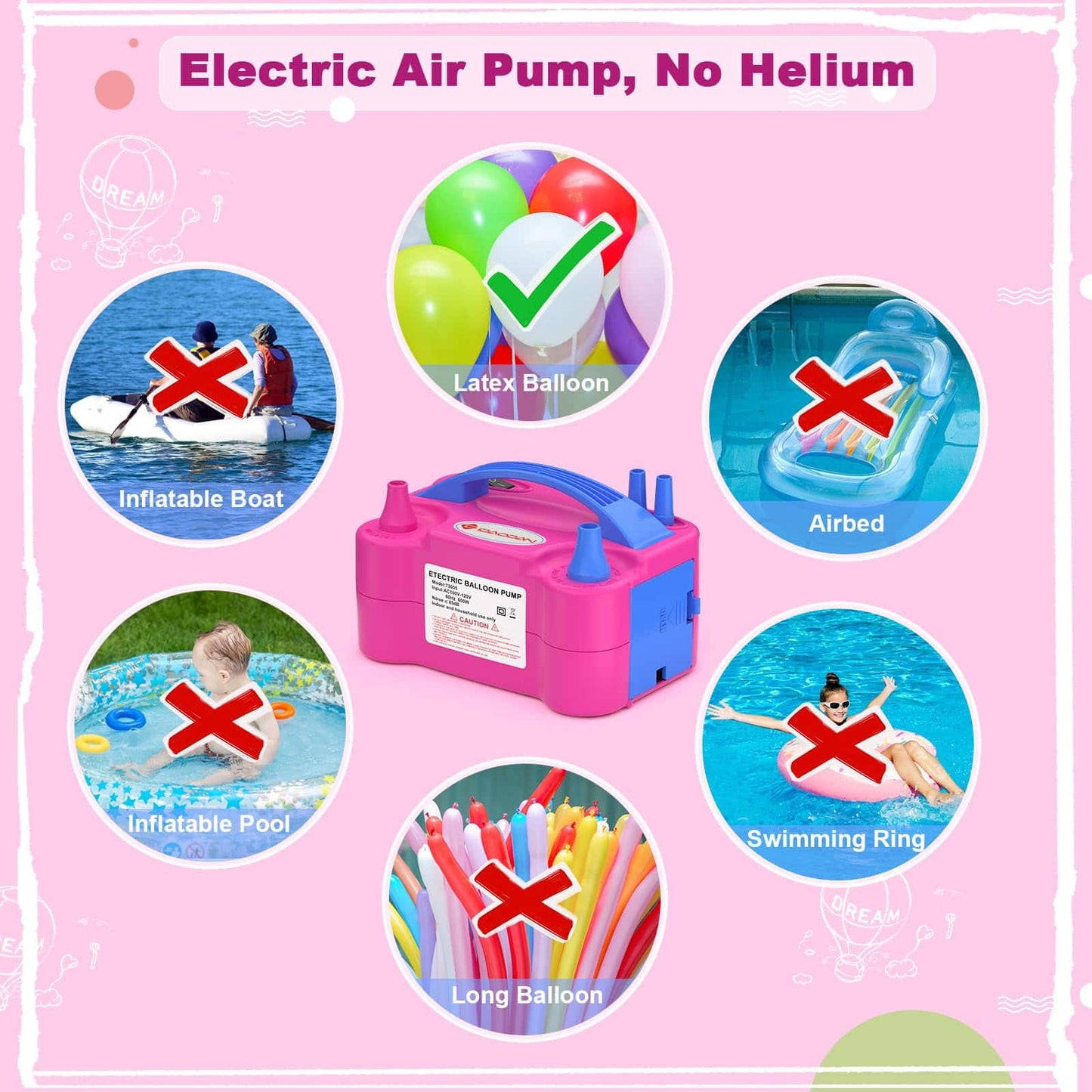Electric Balloon Pump, Portable Electric Balloon Blower Machine Balloon Air Pump Dual Nozzle Rose Red 110V 600W Balloon Inflator for Party Decorations