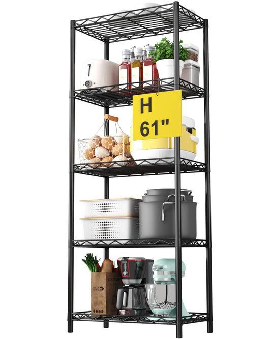 5-Tier Wire Shelving 5 Shelves Unit Metal Storage Rack Durable Organizer Perfect for Pantry Closet Kitchen Laundry Organization in Black,21”Wx14”Dx61”H