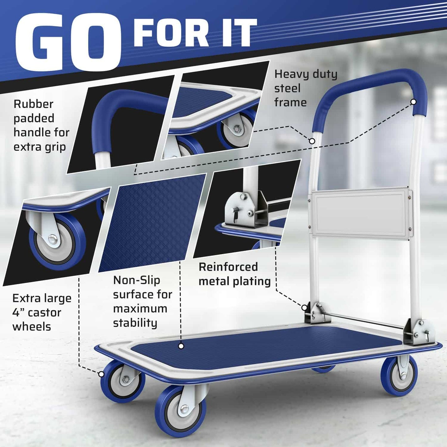 Upgraded Foldable Push Cart Dolly | 330 lbs. Capacity Moving Platform Hand Truck | Heavy Duty Space Saving Collapsible | Swivel Push Handle Flat Bed Wagon - Blue