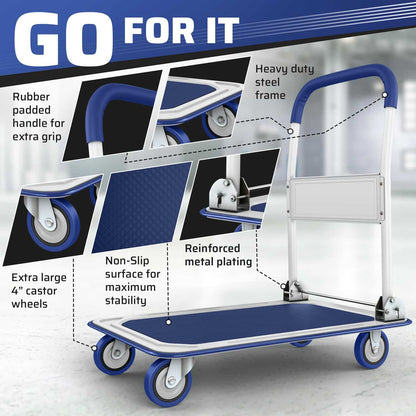 Upgraded Foldable Push Cart Dolly | 330 lbs. Capacity Moving Platform Hand Truck | Heavy Duty Space Saving Collapsible | Swivel Push Handle Flat Bed Wagon - Blue