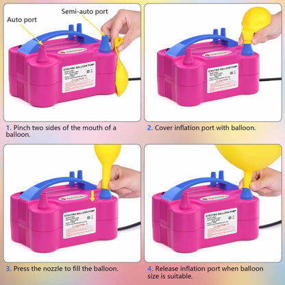 Electric Balloon Pump, Portable Electric Balloon Blower Machine Balloon Air Pump Dual Nozzle Rose Red 110V 600W Balloon Inflator for Party Decorations