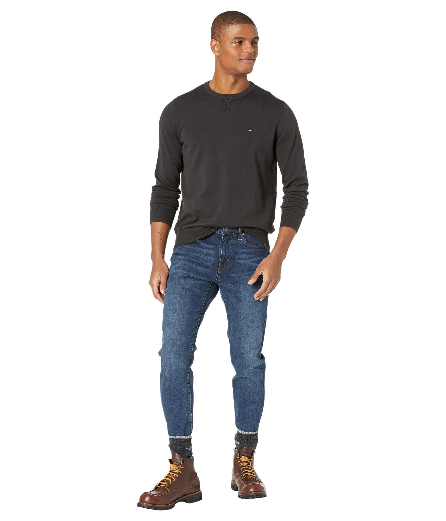 Tommy Hilfiger mens Signature Solid Cneck Sweater, Jet Black, Large US