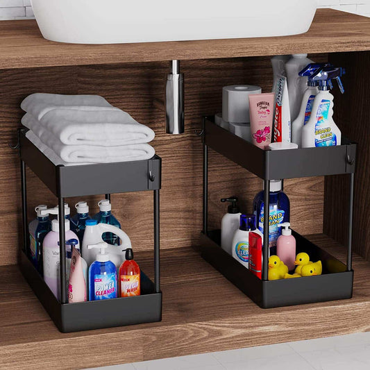 2 Pack Under Sink Organizer, 2 Tier Under Sink Organizers and Storage Bathroom Shelf Organizer Rack Multi-Purpose Bath Collection Baskets for Bathroom Kitchen Countertop Cabinet(Color:Black)