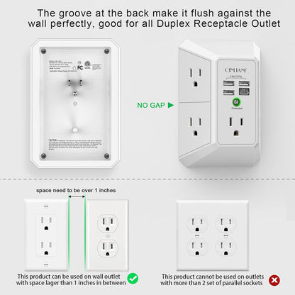 Wall Charger, Surge Protector,  5 Outlet Extender with 4 USB Charging Ports (4.8A Total) 3-Sided 1680J Power Strip Multi Plug Adapter Spaced for Home Travel Office (3U1C)