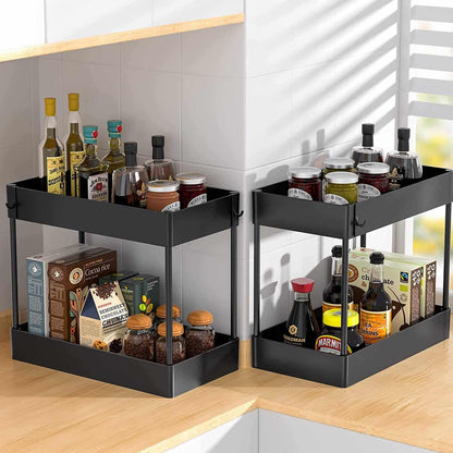2 Pack Under Sink Organizer, 2 Tier Under Sink Organizers and Storage Bathroom Shelf Organizer Rack Multi-Purpose Bath Collection Baskets for Bathroom Kitchen Countertop Cabinet(Color:Black)