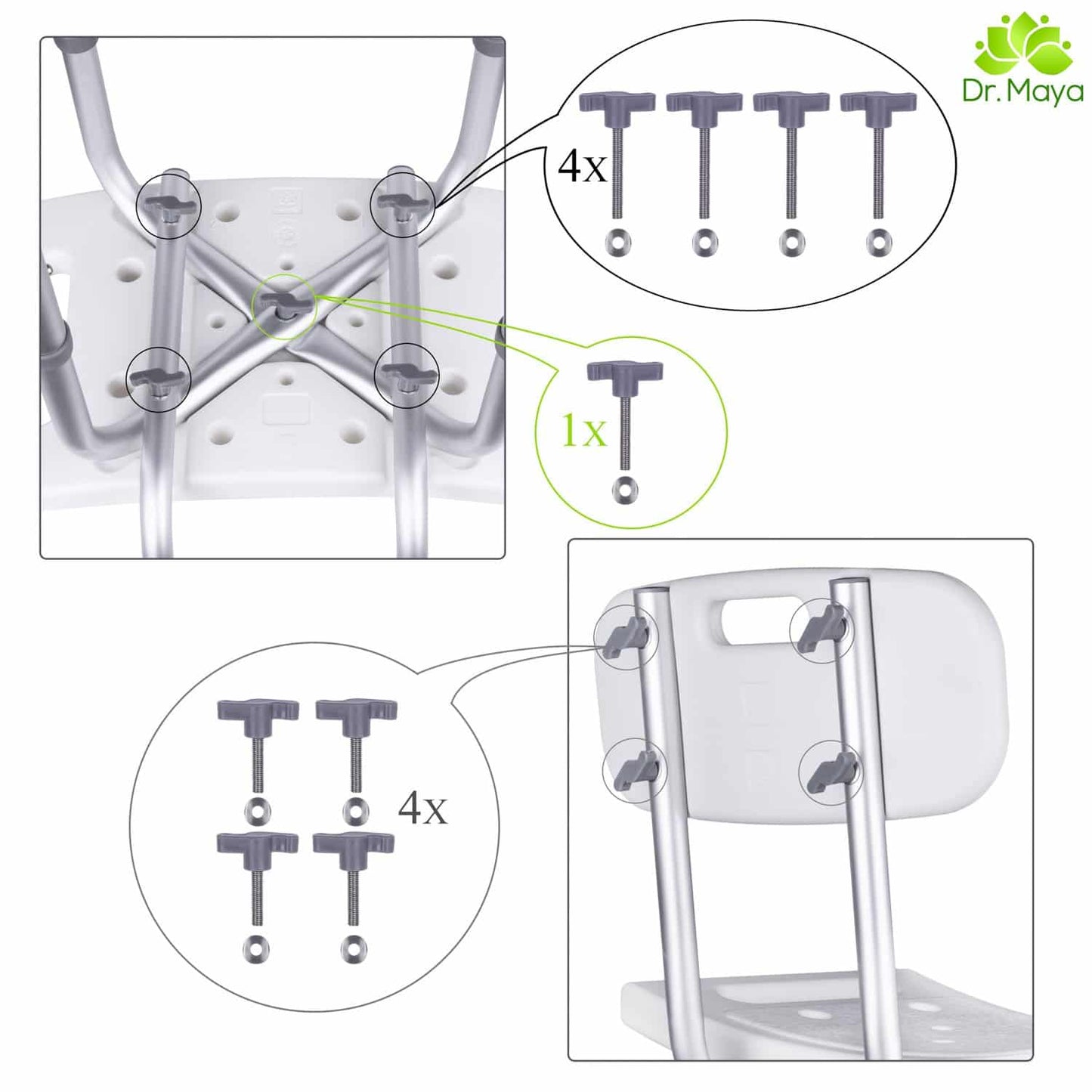 Dr. Maya Bath and Shower Chair Seat with Back (Adjustable) - Anti-Slip Bench Bathtub Stool for Elderly or Seniors (Bathroom Safety) - with Free Suction Assist Grab Bar