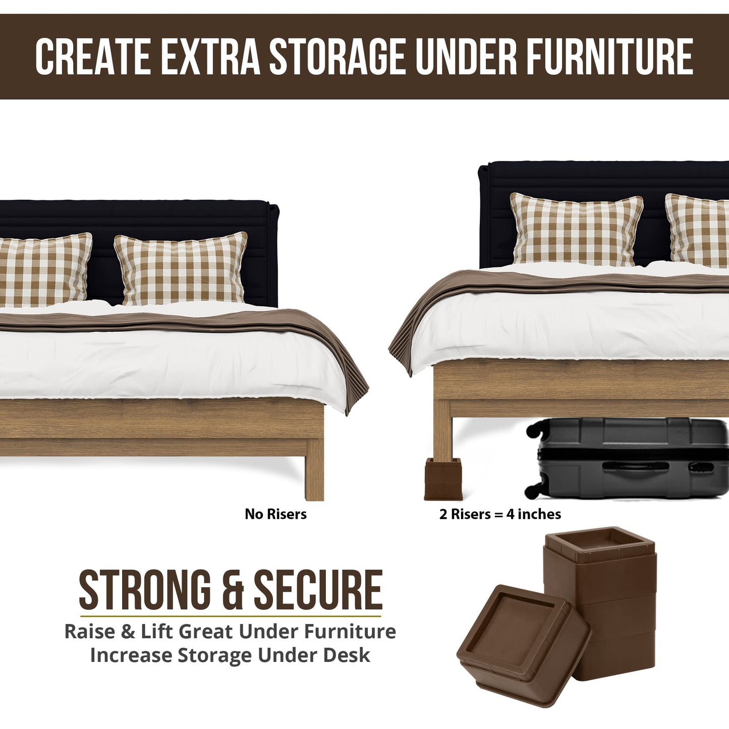 Utopia Bedding Bed Risers 2 Inch - Pack of 8 - Adjustable Furniture Risers 2 & 4 inch - Anti Slip Foam & Rubber Pad - Stackable Bed Lifts Risers Heavy Duty for Sofa, Bed, Table, Couch & Chair (Brown)