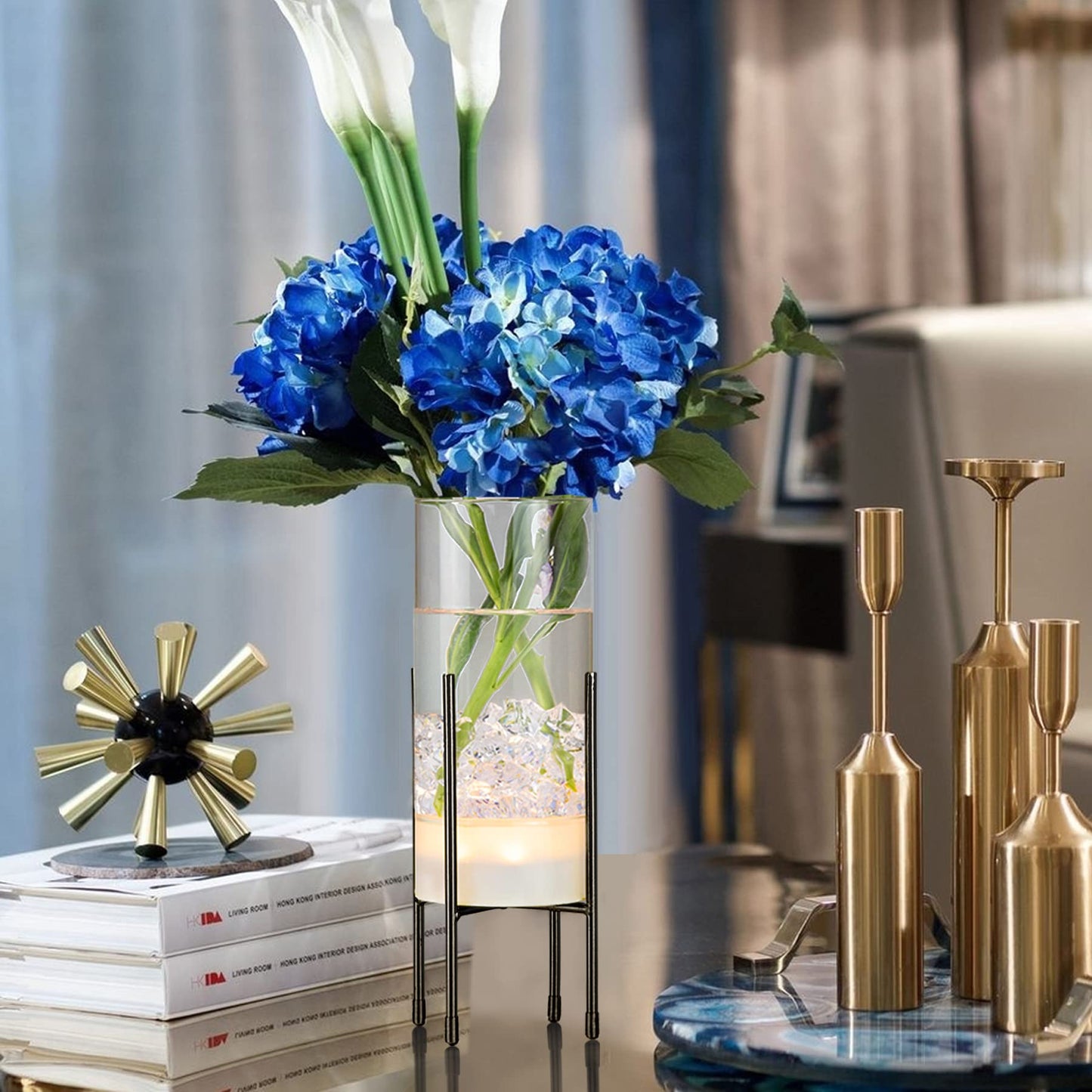 Flower Vase for Decor, Glass Table Vase Set for Flowers Plants, Clear Vase with Black Stand, Modern Decorative with Timer LED Lights Battery Operated Set of 2