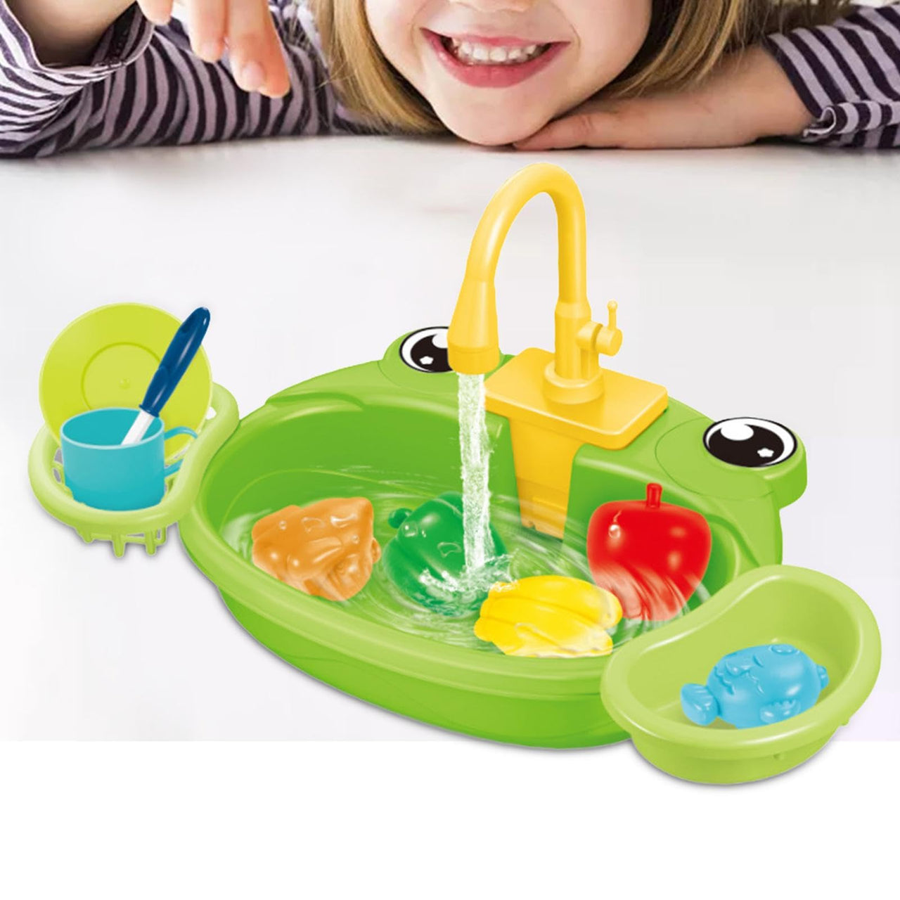 Kitchen Sink Toys, Kitchen Toy Accessories with Running Water, Coordination for, Frog Green