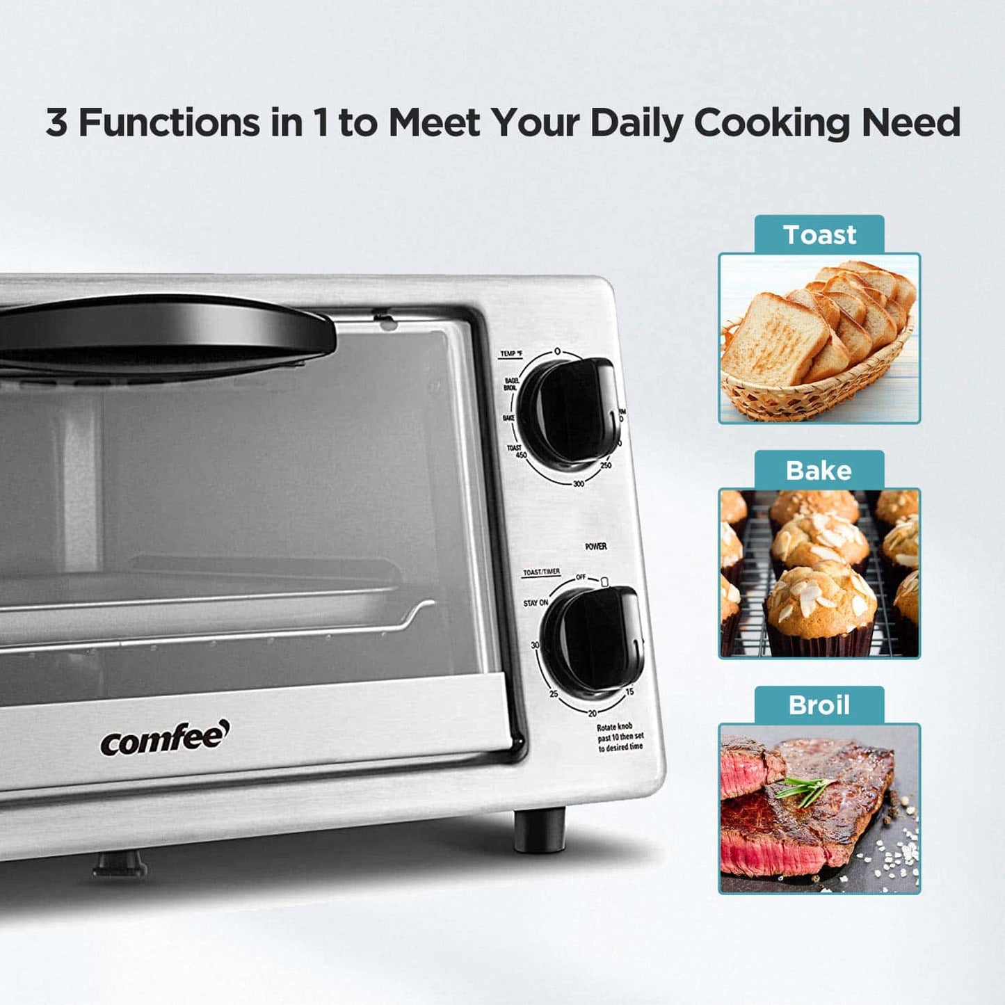 COMFEE Toaster Oven Countertop, 4-Slice, Compact Size, Easy to Control with Timer-Bake-Broil-Toast Setting 1000W Stainless Steel