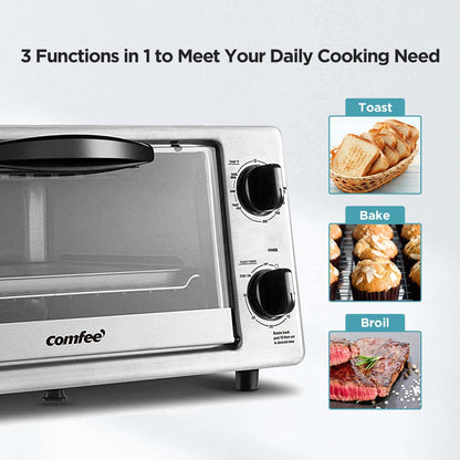 COMFEE Toaster Oven Countertop, 4-Slice, Compact Size, Easy to Control with Timer-Bake-Broil-Toast Setting 1000W Stainless Steel