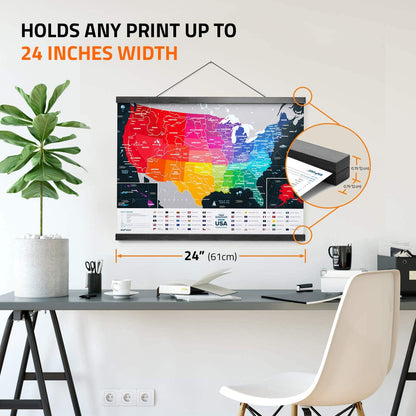 Newverest Magnetic Hanger Poster Frame (24"), Fast Installation, Premium Wood Hanger Frame for Scratch Off Map, Prints & Canvas Artwork, (1 Set, Black, 24") with Mounting Materials