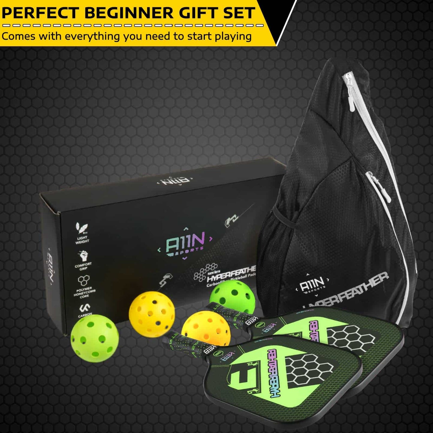 A11N HyperFeather Pickleball Paddles Set of 2 - USAPA Approved | 8OZ, Graphite Face & Polymer Core, Cushion Grip | 2 Indoor & 2 Outdoor Balls, 1 Sling Bag | Blue