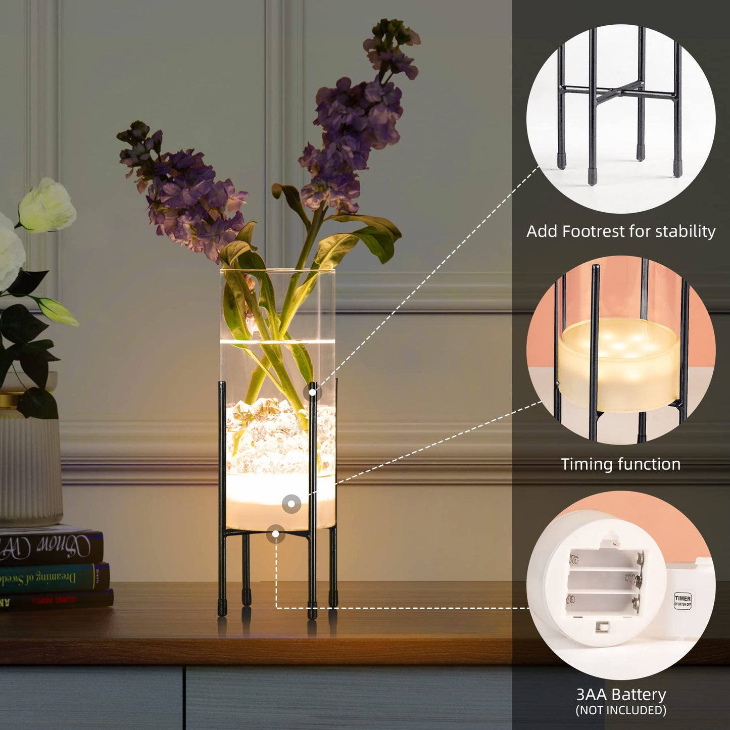 Flower Vase for Decor, Glass Table Vase Set for Flowers Plants, Clear Vase with Black Stand, Modern Decorative with Timer LED Lights Battery Operated Set of 2