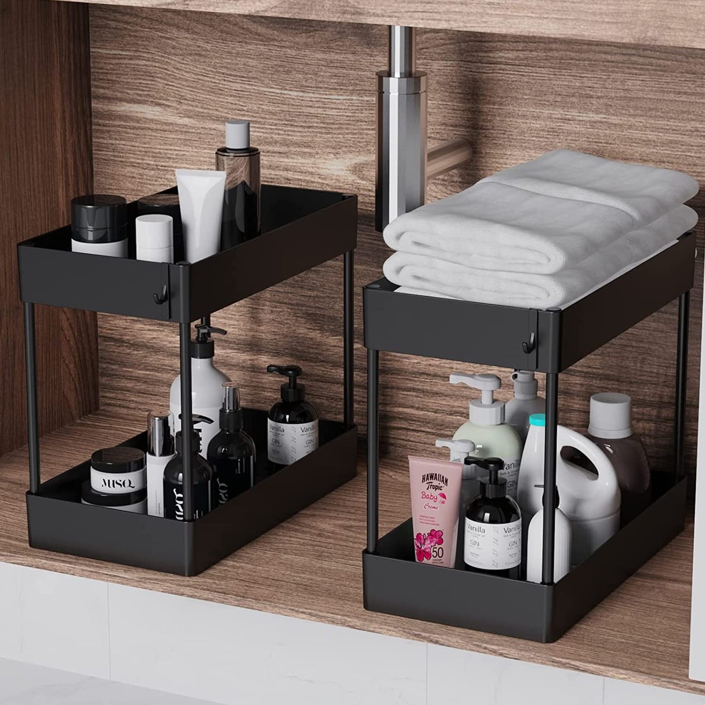 2 Pack Under Sink Organizer, 2 Tier Under Sink Organizers and Storage Bathroom Shelf Organizer Rack Multi-Purpose Bath Collection Baskets for Bathroom Kitchen Countertop Cabinet(Color:Black)