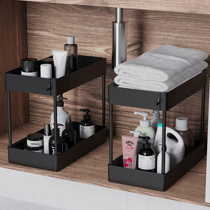 2 Pack Under Sink Organizer, 2 Tier Under Sink Organizers and Storage Bathroom Shelf Organizer Rack Multi-Purpose Bath Collection Baskets for Bathroom Kitchen Countertop Cabinet(Color:Black)