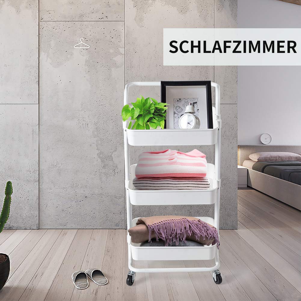 Micoe Utility Carts with Wheels, Practical Handle and ABS Storage Basket, 3 Tier Rolling Cart Organizer, White, H-T001W