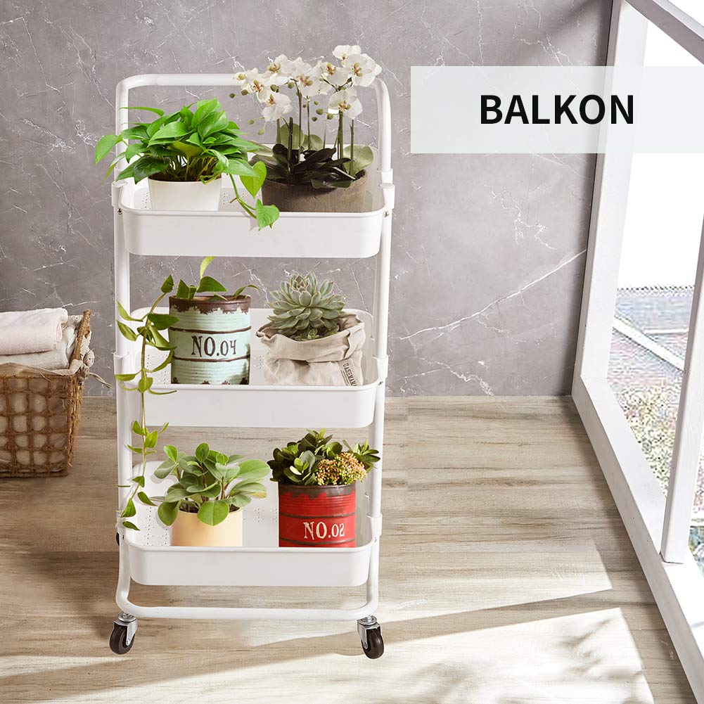 Micoe Utility Carts with Wheels, Practical Handle and ABS Storage Basket, 3 Tier Rolling Cart Organizer, White, H-T001W