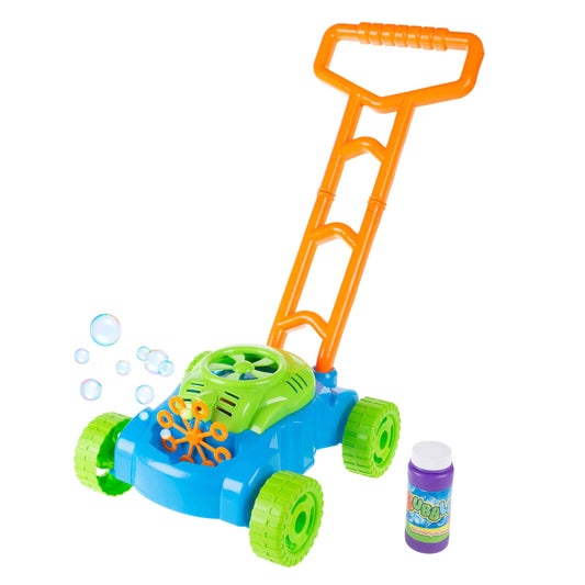 Bubble Lawn Mower - Outside Push Lawnmower Bubble Blower Machine for Toddlers - Walk Behind Outdoor Activity for Kids by Hey Play (Blue)