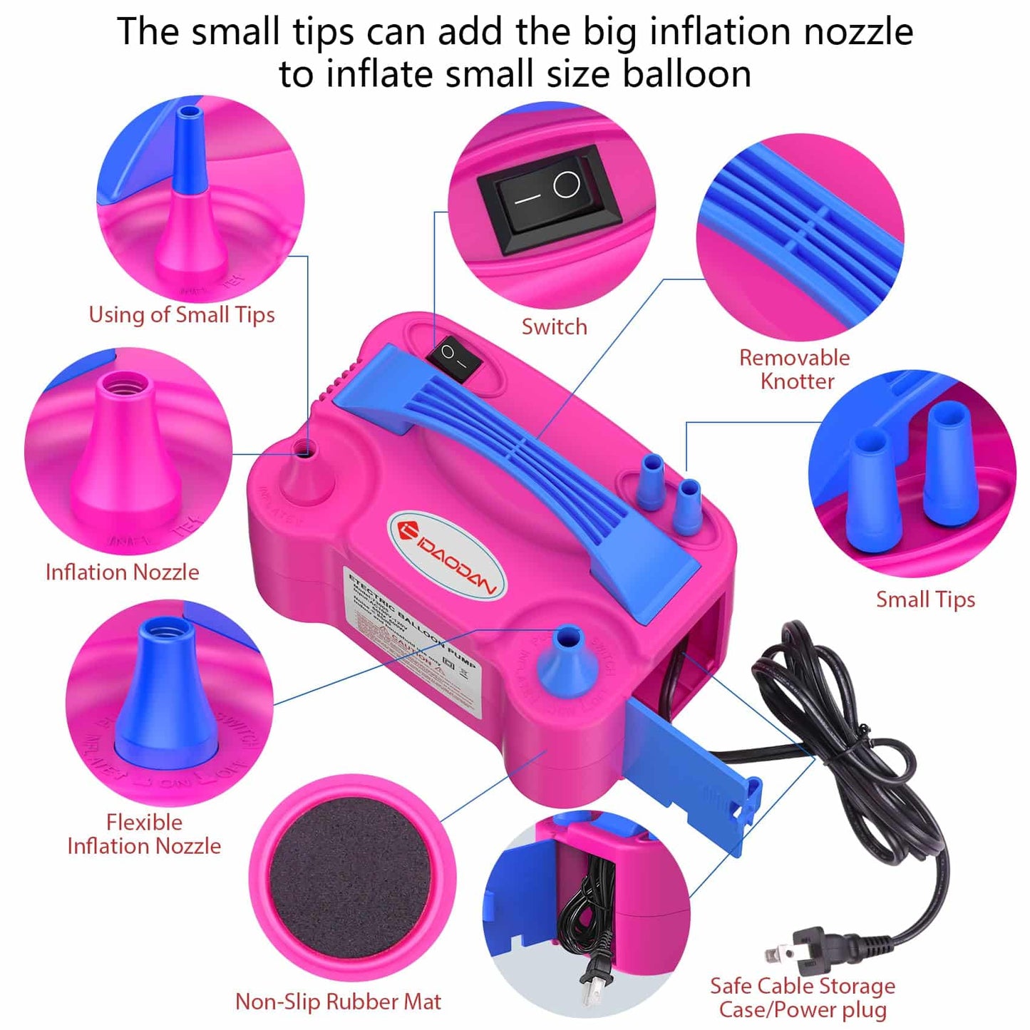 Electric Balloon Pump, Portable Electric Balloon Blower Machine Balloon Air Pump Dual Nozzle Rose Red 110V 600W Balloon Inflator for Party Decorations