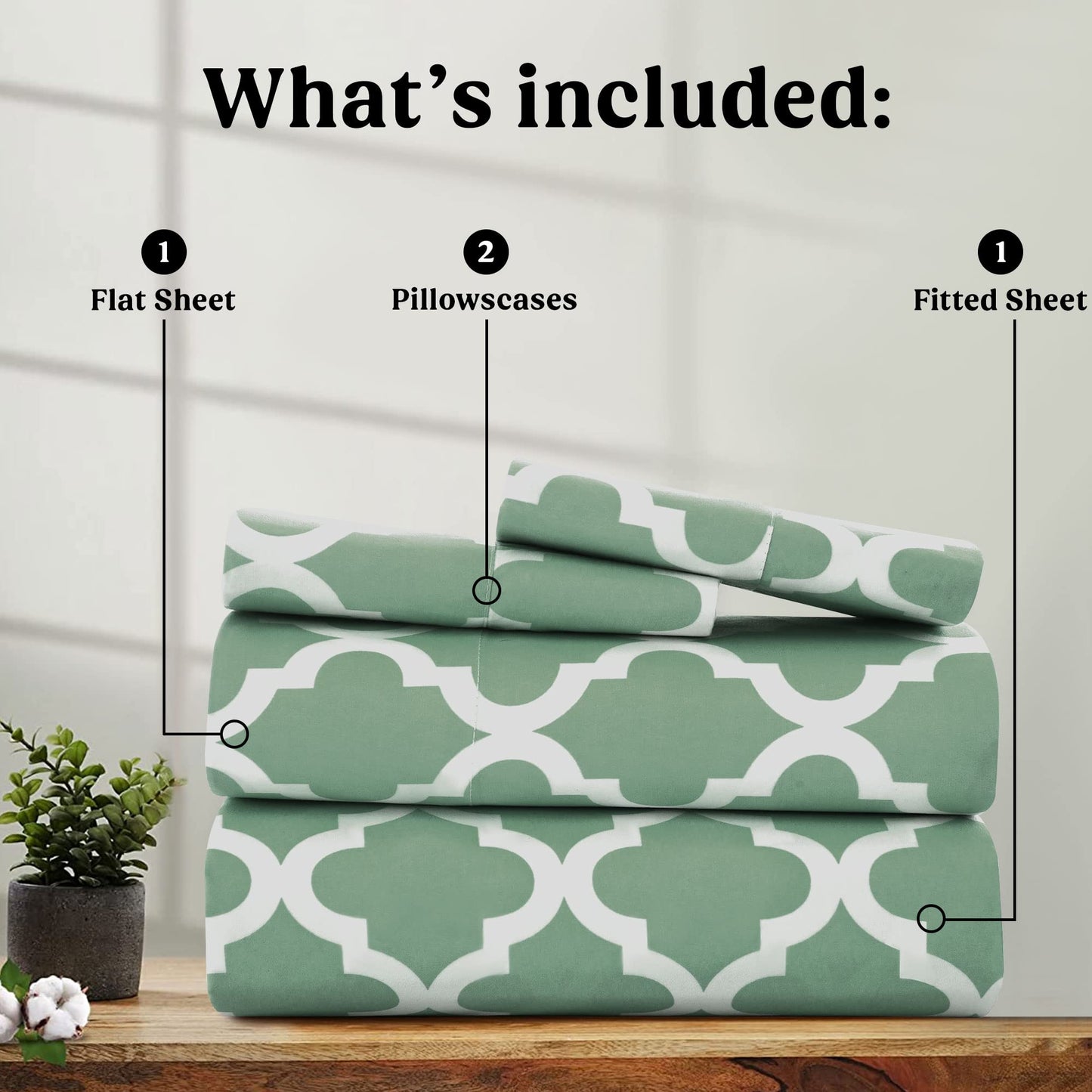 LDC LUX DECOR COLLECTION Bed Sheets - 4 Pc Queen Size Sheets - High GSM Brushed Microfiber Sheets -Upto 16 Inches Deep Pocket Bedding Sheets & Pillowcases (Queen, Quatrefoil Sage)