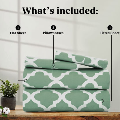 LDC LUX DECOR COLLECTION Bed Sheets - 4 Pc Queen Size Sheets - High GSM Brushed Microfiber Sheets -Upto 16 Inches Deep Pocket Bedding Sheets & Pillowcases (Queen, Quatrefoil Sage)
