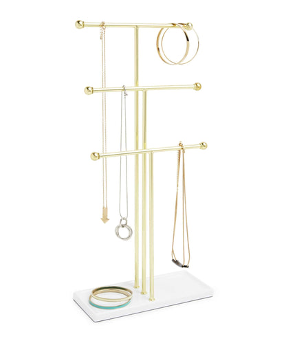 Umbra Trigem Hanging Jewelry Organizer Tiered Tabletop Countertop Free Standing Necklace Holder Display, 3, Brass/White