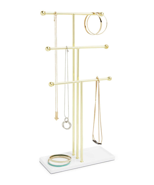 Umbra Trigem Hanging Jewelry Organizer Tiered Tabletop Countertop Free Standing Necklace Holder Display, 3, Brass/White