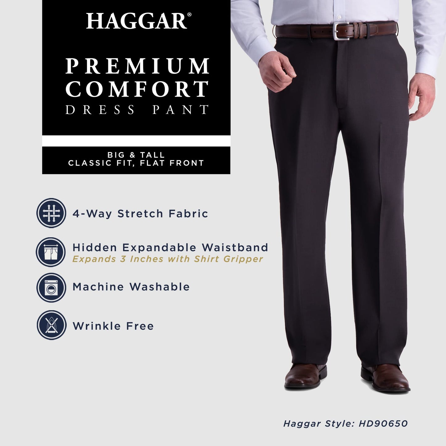 Haggar Men's Premium Comfort Dress Pant Classic Fit Reg. and Big & Tall Sizes, Black BT, 48W x 29L