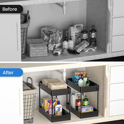 2 Pack Under Sink Organizer, 2 Tier Under Sink Organizers and Storage Bathroom Shelf Organizer Rack Multi-Purpose Bath Collection Baskets for Bathroom Kitchen Countertop Cabinet(Color:Black)