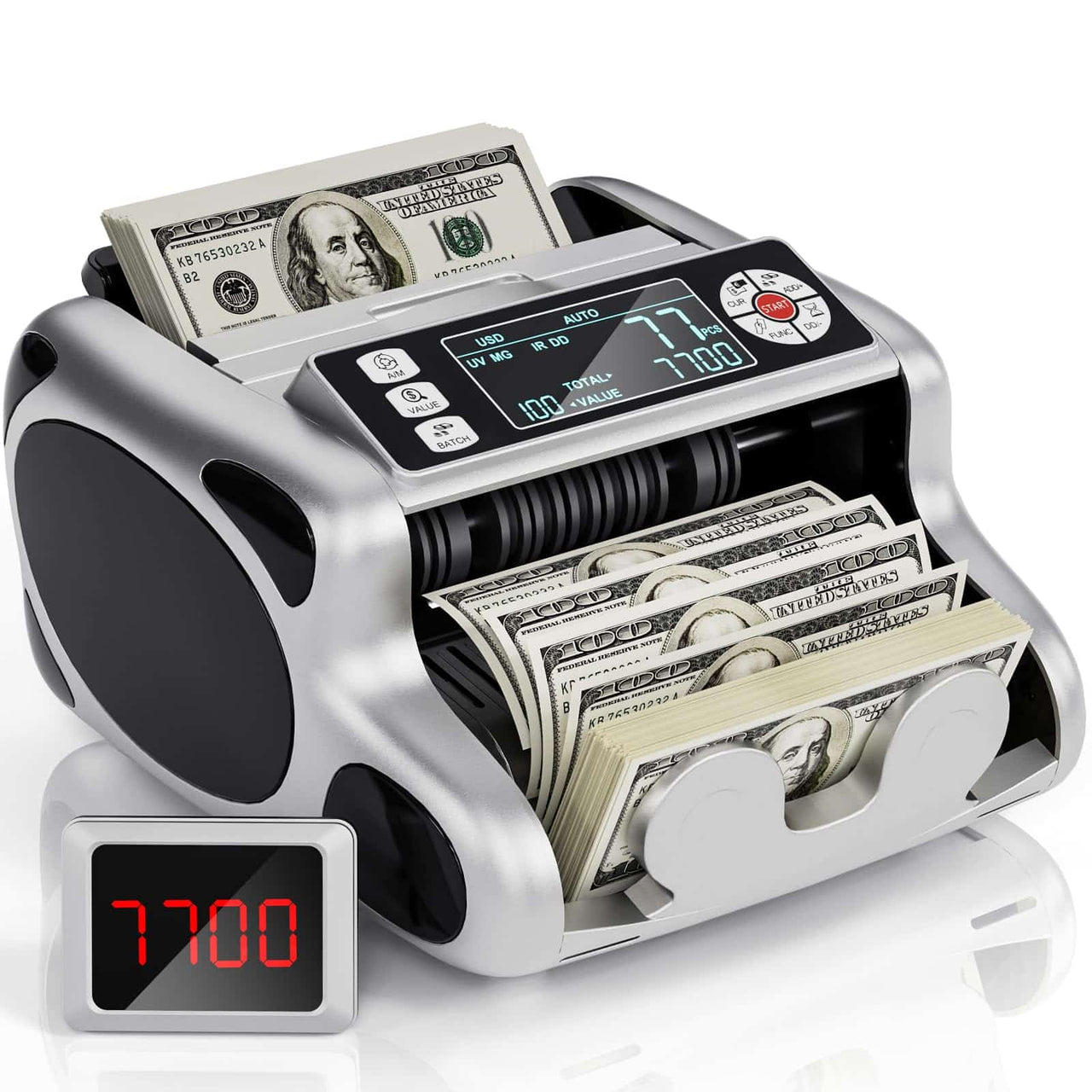 Money Counter Machine, Value Count, Dollar, Euro UV/MG/IR/DD Cash Counterfeit Detection Bill Counter with LCD Display, Add and Batch Modes, Cash Counter Machine 5-Year Warranty