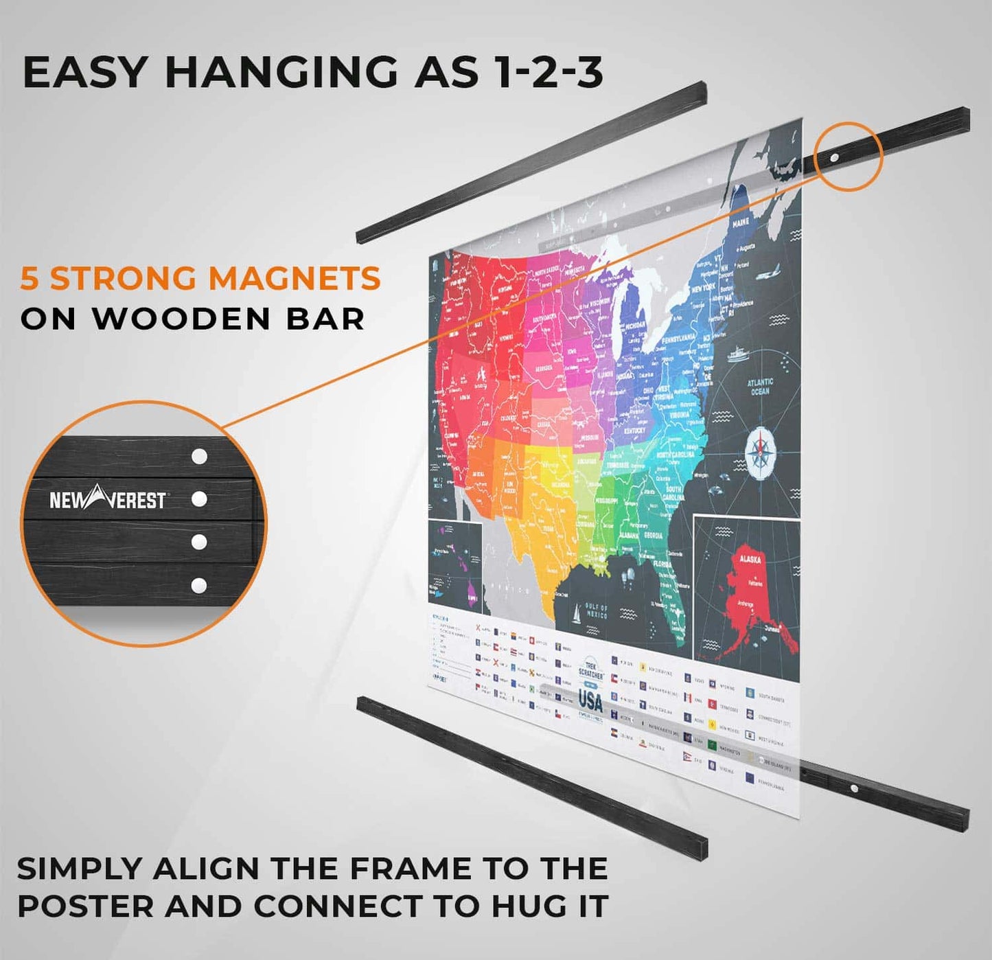 Newverest Magnetic Hanger Poster Frame (24"), Fast Installation, Premium Wood Hanger Frame for Scratch Off Map, Prints & Canvas Artwork, (1 Set, Black, 24") with Mounting Materials