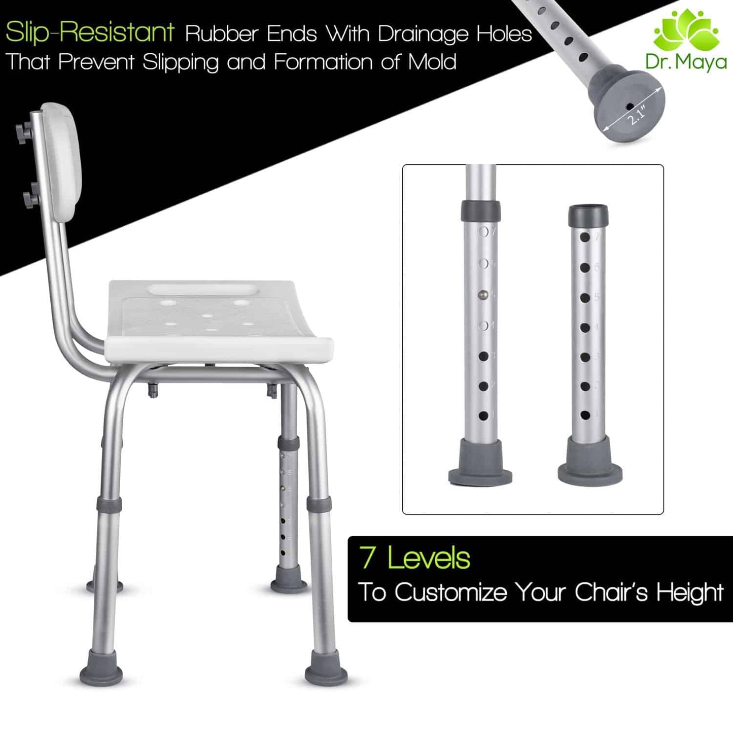 Dr. Maya Bath and Shower Chair Seat with Back (Adjustable) - Anti-Slip Bench Bathtub Stool for Elderly or Seniors (Bathroom Safety) - with Free Suction Assist Grab Bar