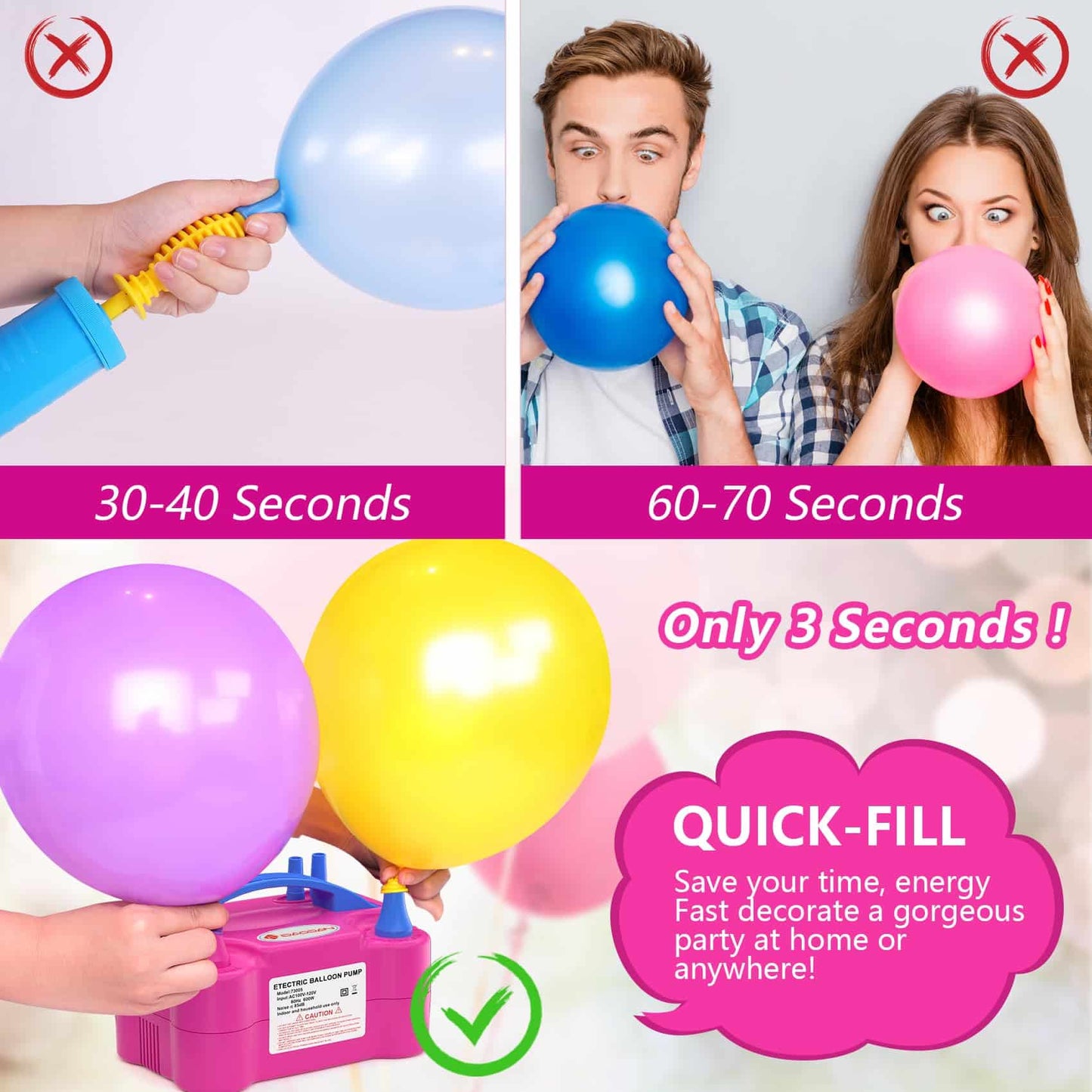 Electric Balloon Pump, Portable Electric Balloon Blower Machine Balloon Air Pump Dual Nozzle Rose Red 110V 600W Balloon Inflator for Party Decorations