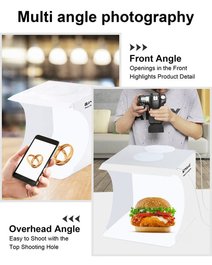 Photo Studio Box with LED Light, PULUZ 20cm Mini Portable Photography Lighting Tent Kit, White Foldable Shooting Softbox with 2x20 Lights + 6 Backdrops for Product Display