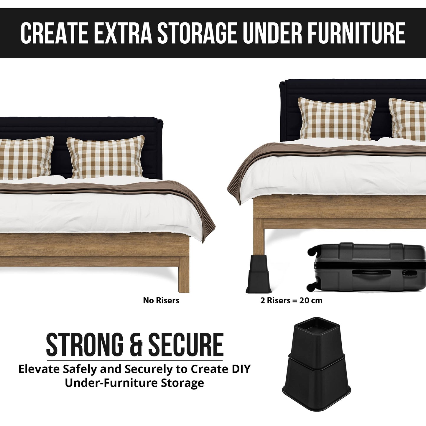 Utopia Bedding Adjustable Bed Furniture Risers - Elevation in Heights 3, 5 or 8 Inch Heavy Duty Risers for Beds - Supports up to 1,300 lbs - (Set of 4 Riser, Black)