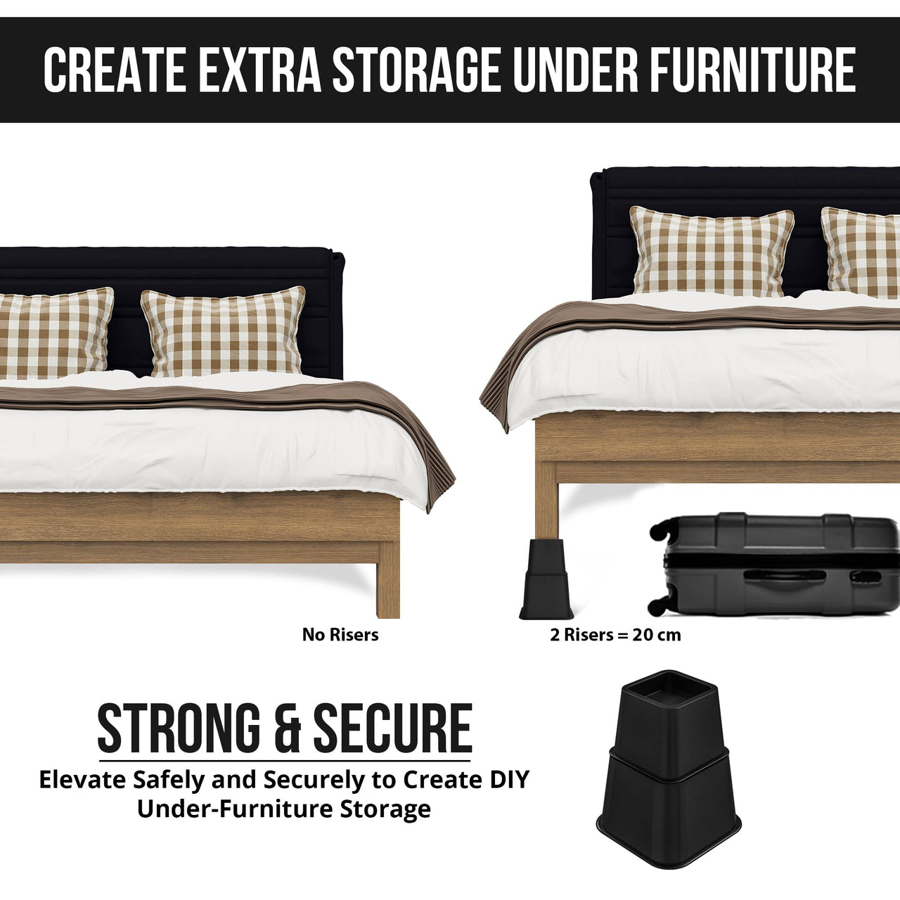 Utopia Bedding Adjustable Bed Furniture Risers - Elevation in Heights 3, 5 or 8 Inch Heavy Duty Risers for Beds - Supports up to 1,300 lbs - (Set of 4 Riser, Black)