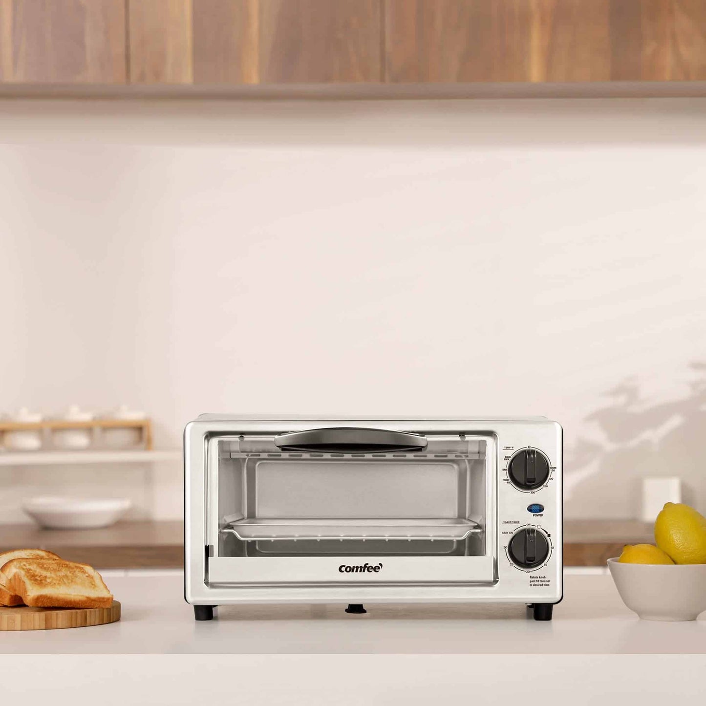 COMFEE Toaster Oven Countertop, 4-Slice, Compact Size, Easy to Control with Timer-Bake-Broil-Toast Setting 1000W Stainless Steel