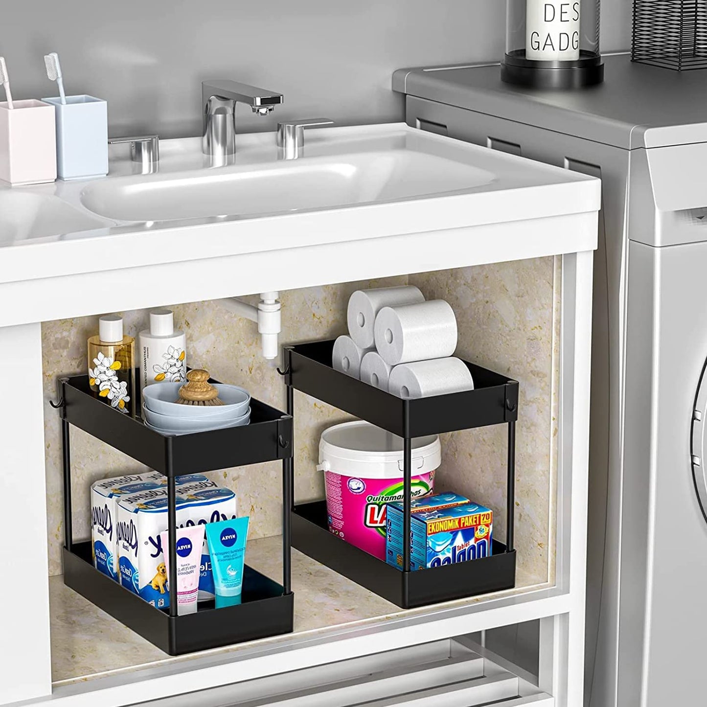 2 Pack Under Sink Organizer, 2 Tier Under Sink Organizers and Storage Bathroom Shelf Organizer Rack Multi-Purpose Bath Collection Baskets for Bathroom Kitchen Countertop Cabinet(Color:Black)