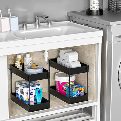 2 Pack Under Sink Organizer, 2 Tier Under Sink Organizers and Storage Bathroom Shelf Organizer Rack Multi-Purpose Bath Collection Baskets for Bathroom Kitchen Countertop Cabinet(Color:Black)