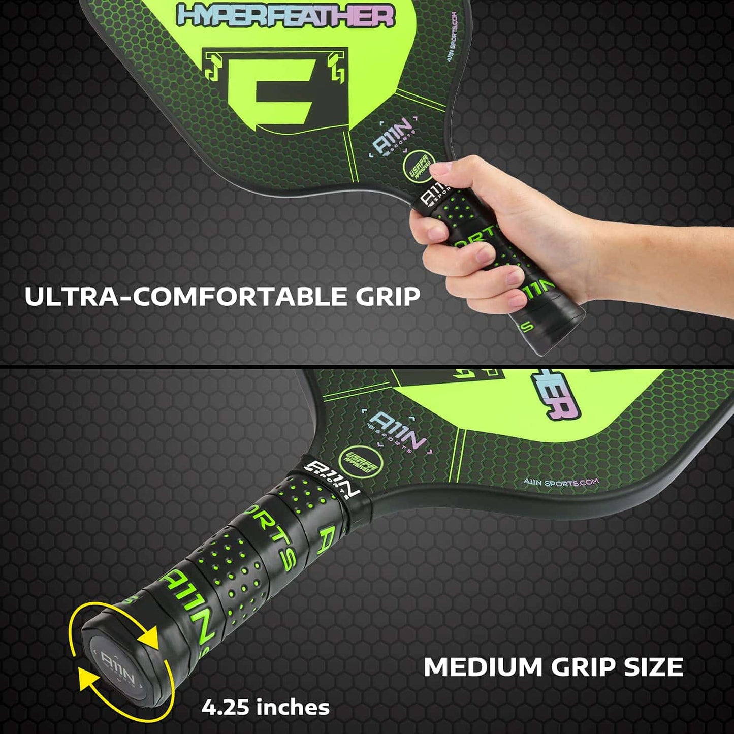 A11N HyperFeather Pickleball Paddles Set of 2 - USAPA Approved | 8OZ, Graphite Face & Polymer Core, Cushion Grip | 2 Indoor & 2 Outdoor Balls, 1 Sling Bag | Blue