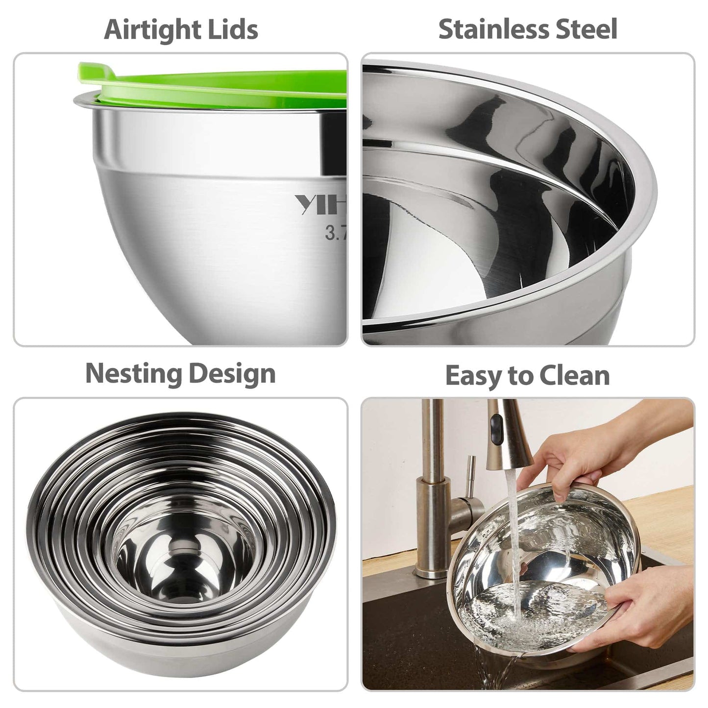 7 Piece Mixing Bowls with Lids for Kitchen, Stainless Steel Mixing Bowls Set Ideal for Baking, Prepping, Cooking and Serving Food, Nesting Metal Mixing Bowls for Space Saving Storage