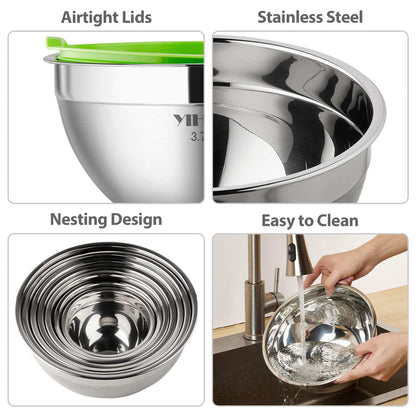 7 Piece Mixing Bowls with Lids for Kitchen, Stainless Steel Mixing Bowls Set Ideal for Baking, Prepping, Cooking and Serving Food, Nesting Metal Mixing Bowls for Space Saving Storage