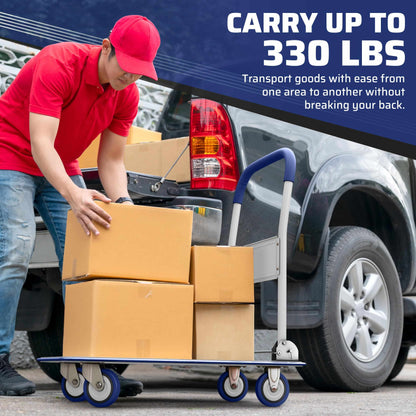Upgraded Foldable Push Cart Dolly | 330 lbs. Capacity Moving Platform Hand Truck | Heavy Duty Space Saving Collapsible | Swivel Push Handle Flat Bed Wagon - Blue