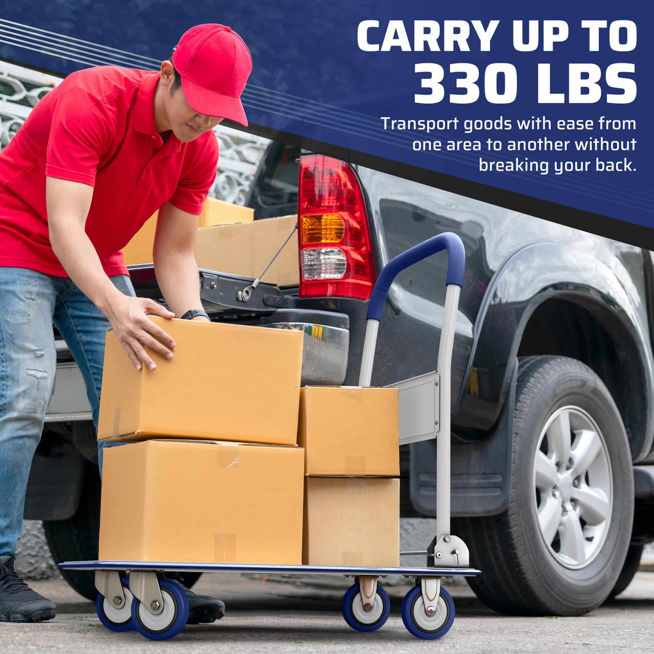 Upgraded Foldable Push Cart Dolly | 330 lbs. Capacity Moving Platform Hand Truck | Heavy Duty Space Saving Collapsible | Swivel Push Handle Flat Bed Wagon - Blue