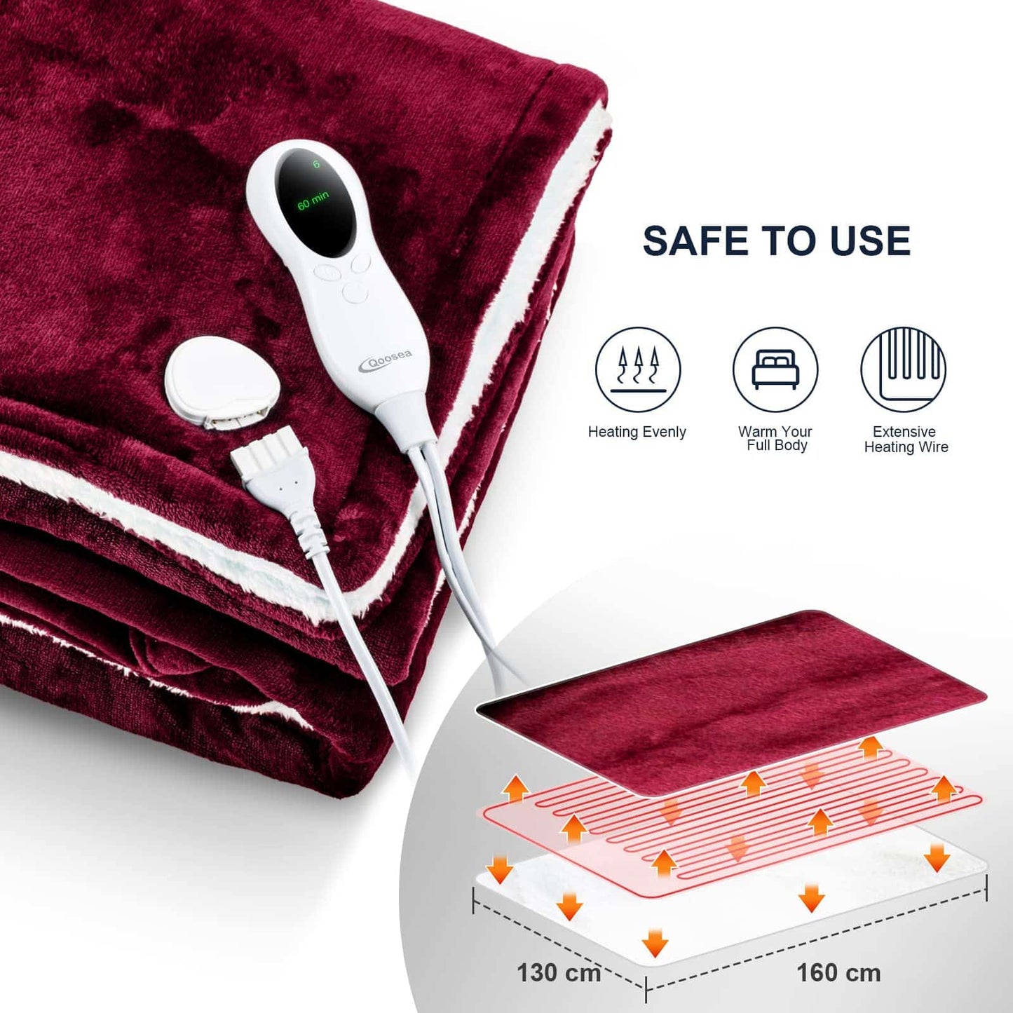 Qoosea Heated Blanket Electric Blanket Twin Size 50" x 60" Throw Soft Flannel Sherpa Heating Blanket Wrap with 10 Heating Levels 3 Timer Setting Warm for Home Office Use Red