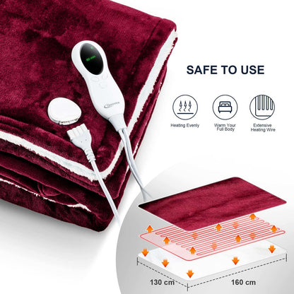 Qoosea Heated Blanket Electric Blanket Twin Size 50" x 60" Throw Soft Flannel Sherpa Heating Blanket Wrap with 10 Heating Levels 3 Timer Setting Warm for Home Office Use Red