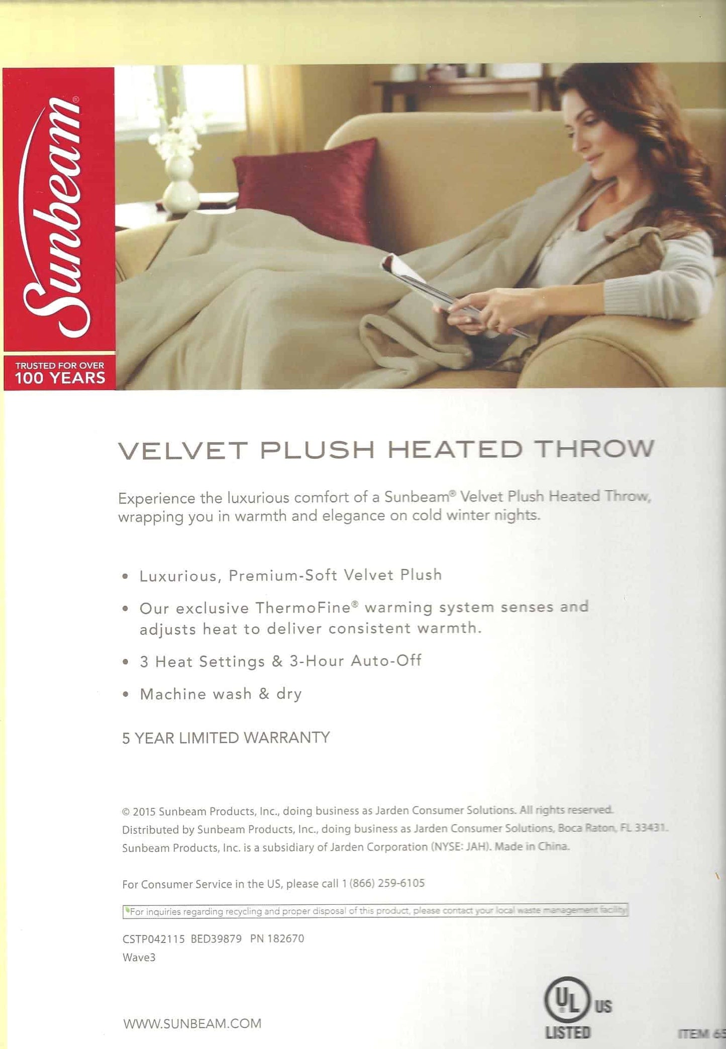 Sunbeam Velvet Soft Plush Heated Throw Blanket Size: 50 x 60 3 Heat Setting Remote Control Auto Off (Cocoa (Beige/Tan/Brown))