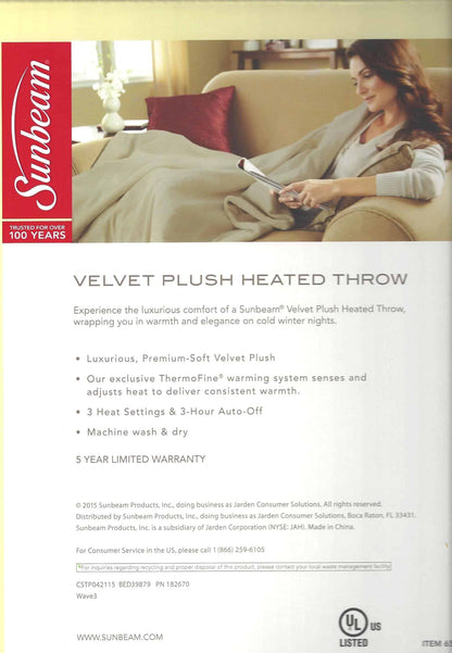 Sunbeam Velvet Soft Plush Heated Throw Blanket Size: 50 x 60 3 Heat Setting Remote Control Auto Off (Cocoa (Beige/Tan/Brown))