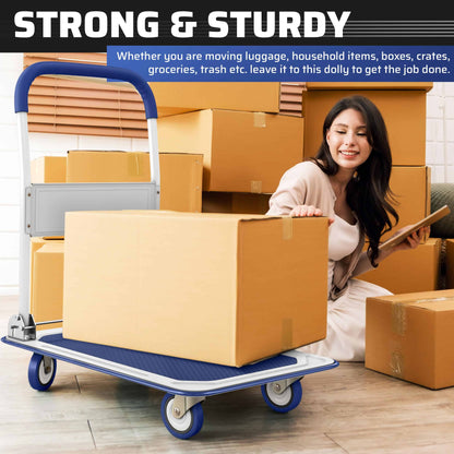 Upgraded Foldable Push Cart Dolly | 330 lbs. Capacity Moving Platform Hand Truck | Heavy Duty Space Saving Collapsible | Swivel Push Handle Flat Bed Wagon - Blue